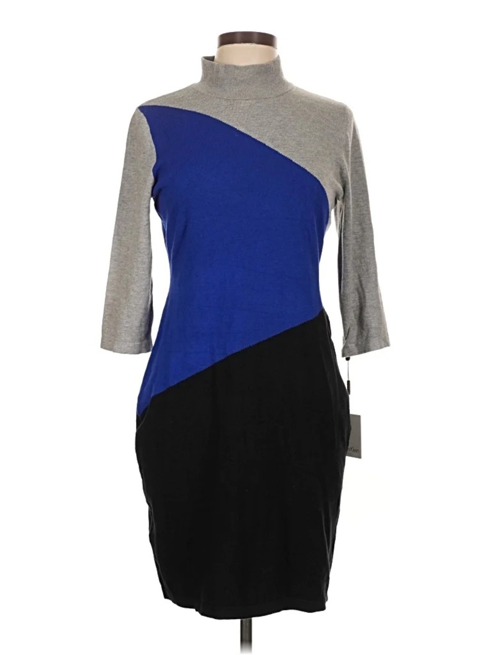 Calvin Klein Colorblock Knit Dress in Light Gray, Cobalt and Black